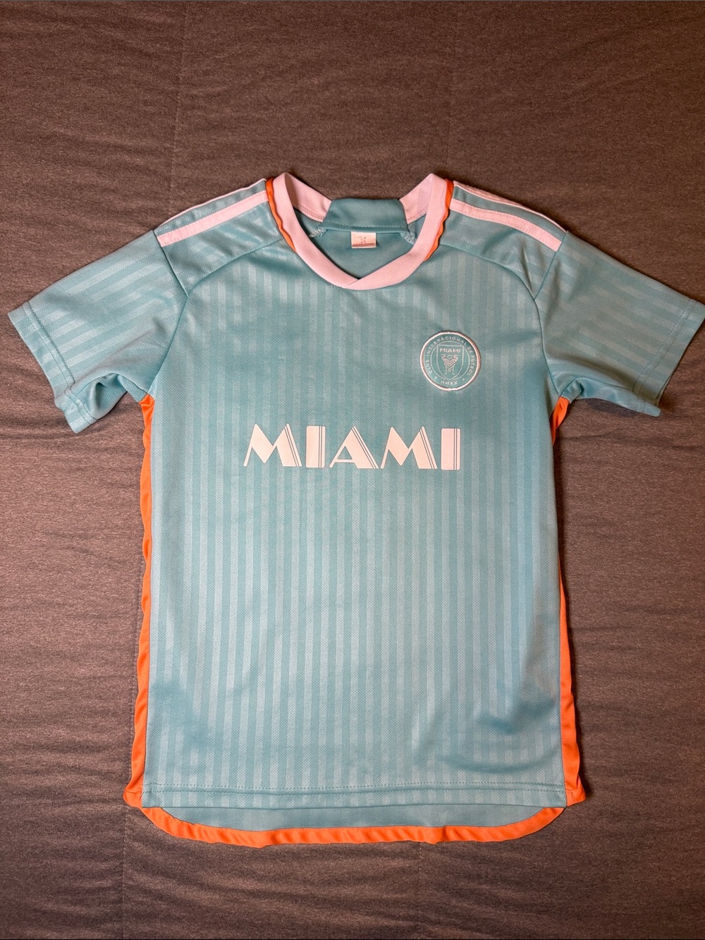 Kids' Light Teal Messi Miami Soccer Jersey, Orange Trim - Size Youth Medium (8)